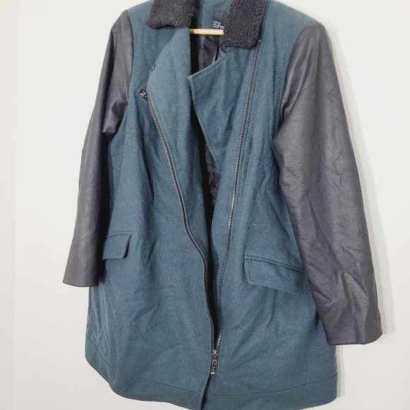 Asos Curve Faux Leather Zip Moto Jacket Wool Blend Coat Black Teal Plus Size 16 - Picture 7 of 13